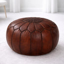 Handmade Round Moroccan Dark Brown Leather Pouf Ottoman Genuine Leather Footstool Coffee Table Floor Seating Unstuffed Oussama Ag