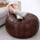 Handmade Round Moroccan Dark Brown Leather Pouf Ottoman Genuine Leather Footstool Coffee Table Floor Seating Unstuffed Oussama Ag